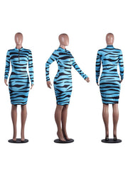 Zipper Long Sleeve Stripe Printed Bodycon Midi Dresses